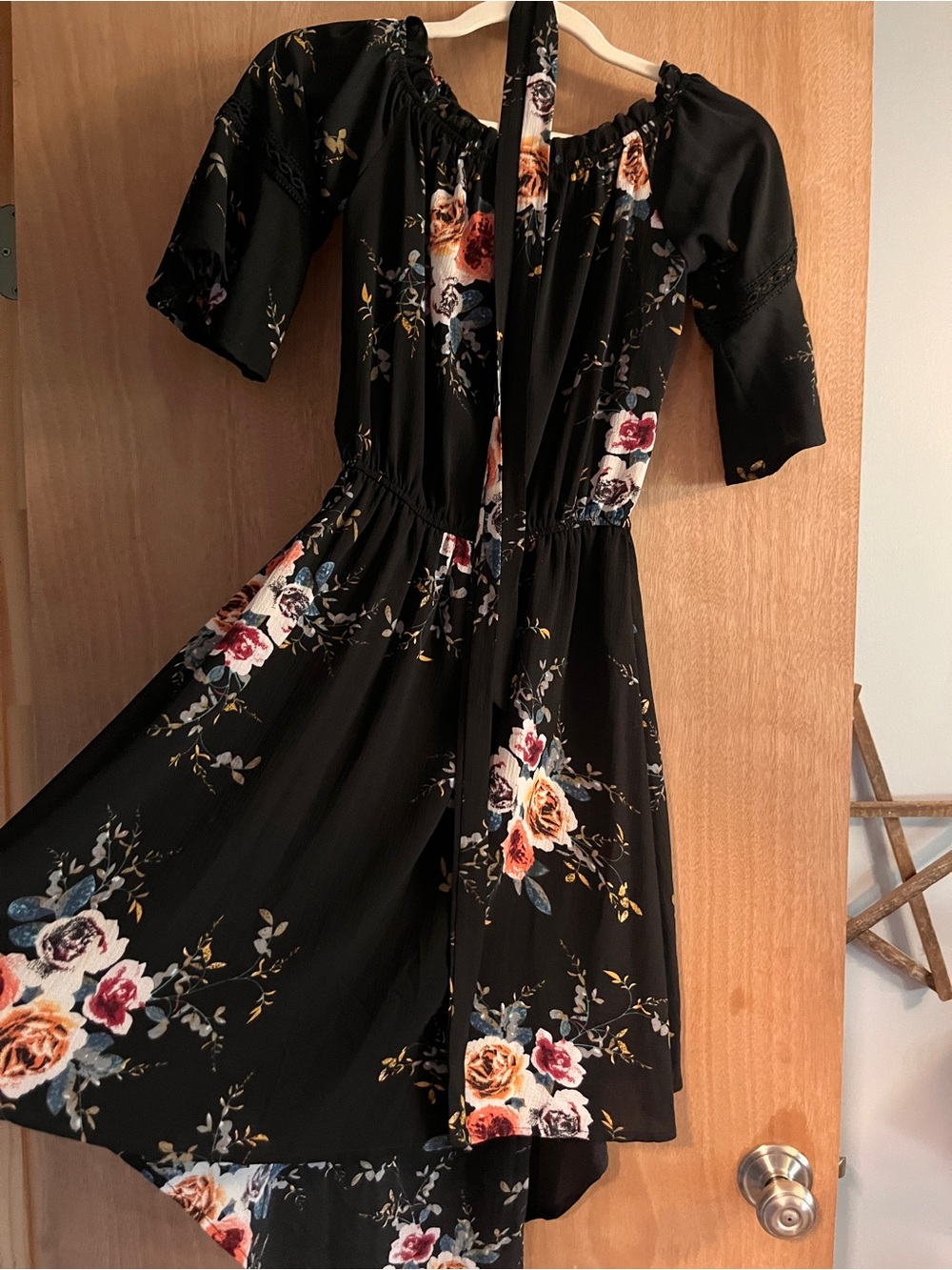 Black Floral Off-Shoulder Dress with Tie Detail, High in front low in the back